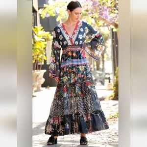 Johnny Was Dunas Silk Multicolor Floral Long Sleeve Maxi Dress - MD!